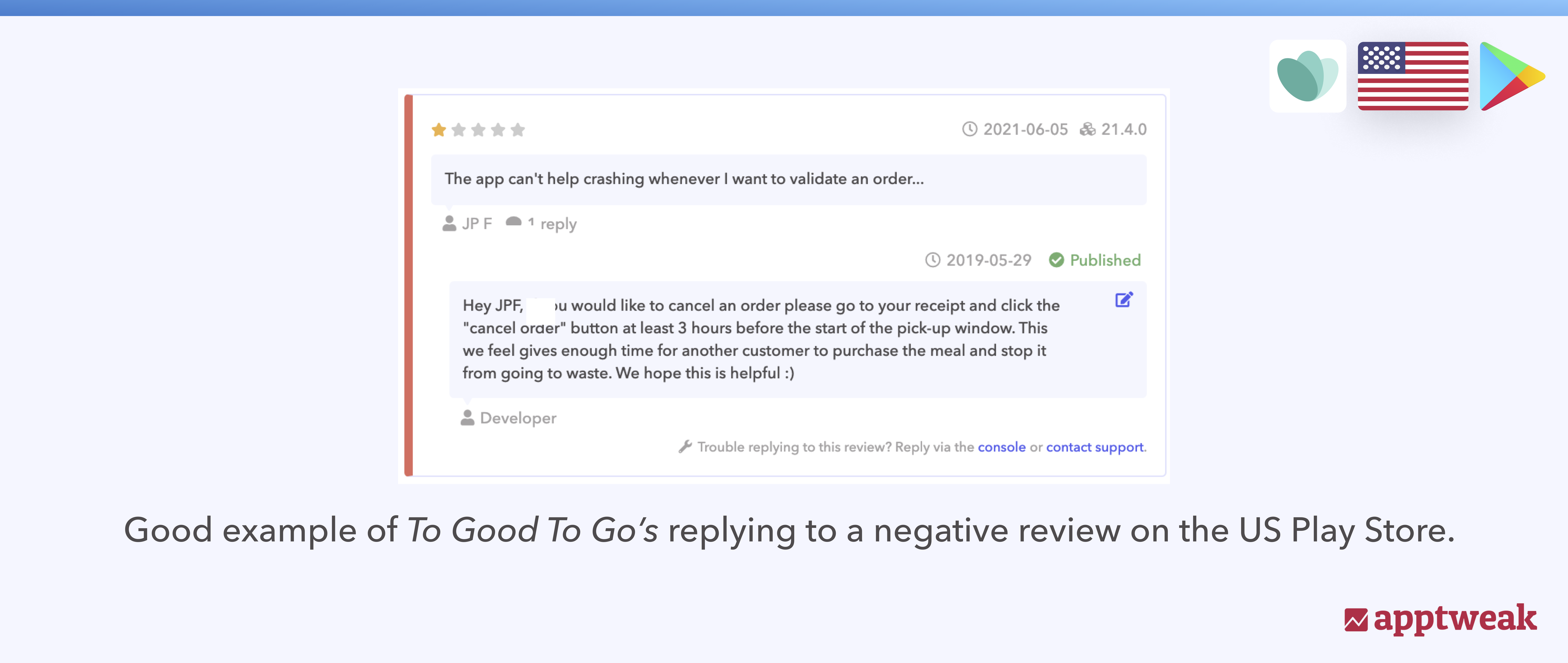 Good example of Too Good To Go replying to a negative review